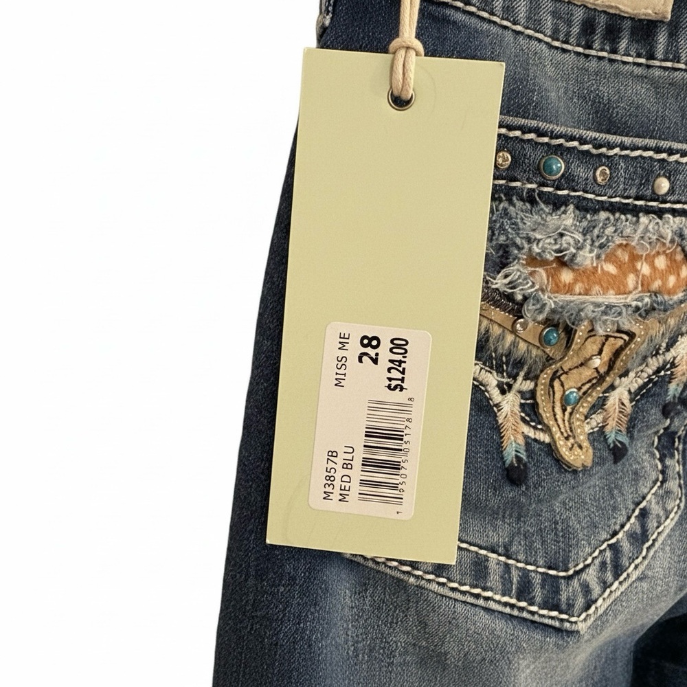 Miss Me Cow Print & Turquoise Bling Bootcut Jeans 28x34 NWT - Picture 7 of 11